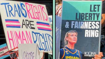 Dueling protests at WNBA game over transgender athletes